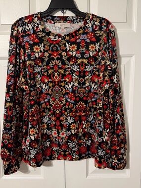 LOFT Black Floral and Multicolor Long-Sleeve Crewneck Top